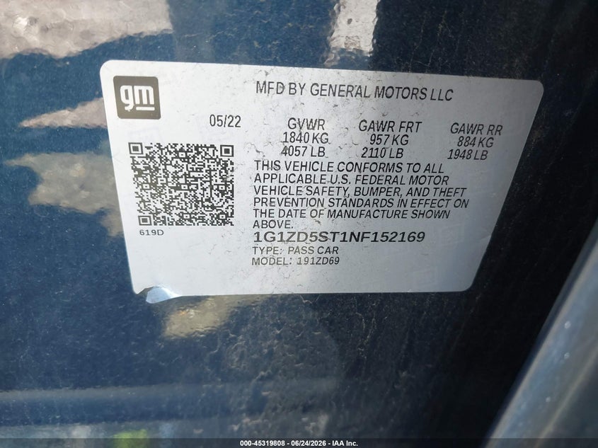 2022 Chevrolet Malibu VIN 1G1ZD5ST1NF152169 IAAI salvage auction — FRONT END, Salvage Title, sold $2,650 on 2026-07-23 (photo 9)