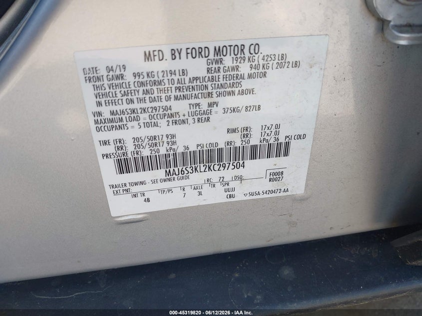 2019 Ford Ecosport VIN MAJ6S3KL2KC297504 IAAI salvage auction — FRONT END, Salvage (Virginia), sold $1,750 on 2026-07-28 (photo 9)