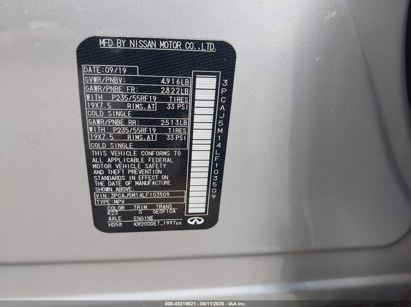2020 Infiniti Qx50 VIN 3PCAJ5M14LF103509 IAAI salvage auction — REAR END, Original (Texas), sold $5,100 on 2026-07-22 (photo 9)
