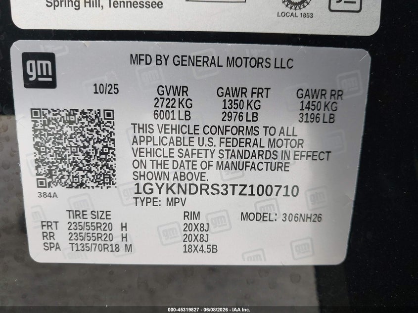 2026 Cadillac Xt5 VIN 1GYKNDRS3TZ100710 IAAI salvage auction — REAR END, Salvage Title, sold $13,200 on 2026-07-09 (photo 9)