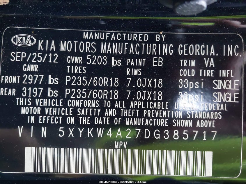 2013 Kia Sorento VIN 5XYKW4A27DG385717 IAAI salvage auction — NORMAL WEAR, Salvage Title, sold $975 on 2026-07-15 (photo 9)