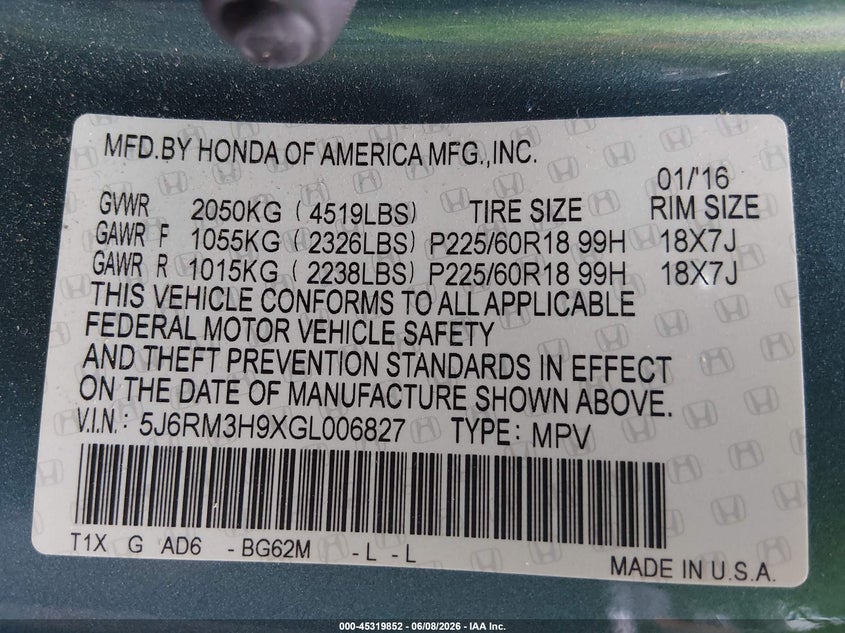 2016 Honda Cr-v VIN 5J6RM3H9XGL006827 IAAI salvage auction — LEFT FRONT, Salvage Title, sold $3,300 on 2026-07-23 (photo 9)