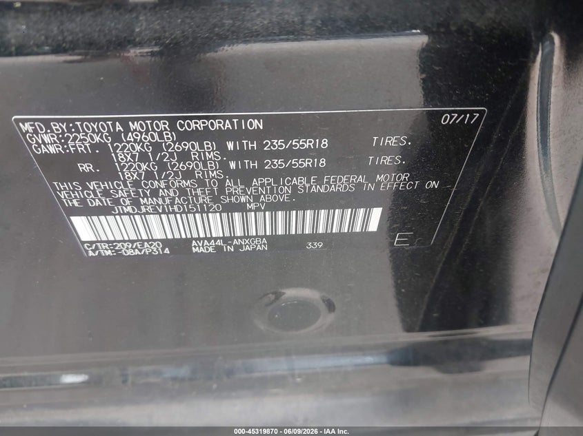 2017 Toyota Rav 4 VIN JTMDJREV1HD151120 IAAI salvage auction — REAR END, Salvage Title, sold $9,500 on 2026-07-06 (photo 9)