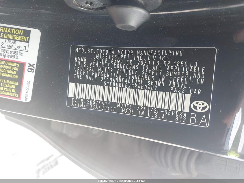 2016 Toyota Corolla VIN 5YFBURHE2GP460407 IAAI salvage auction — FRONT & REAR, Salvage Title, sold $1,675 on 2026-07-16 (photo 9)