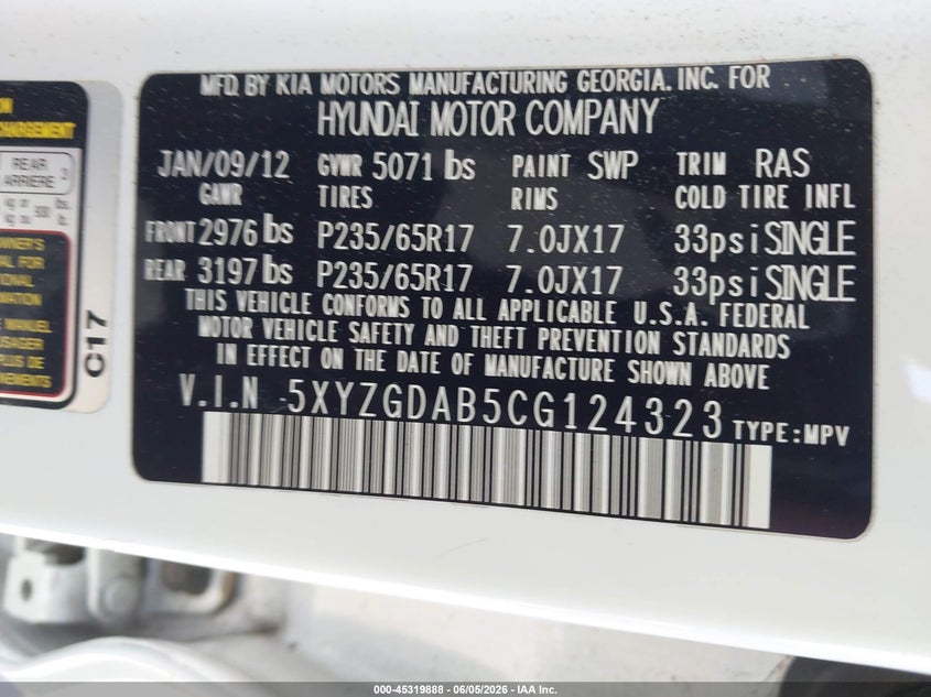 2012 Hyundai Santa fe VIN 5XYZGDAB5CG124323 IAAI salvage auction — NORMAL WEAR, Salvage (California), sold $750 on 2026-07-13 (photo 9)