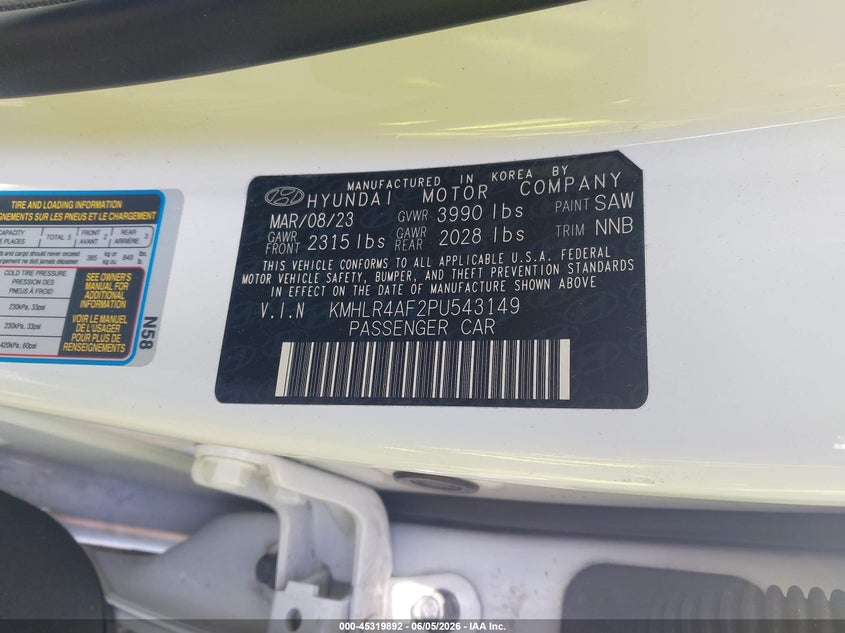 2023 Hyundai Elantra VIN KMHLR4AF2PU543149 IAAI salvage auction — FRONT END, Salvage Title, sold $25 on 2026-07-21 (photo 9)