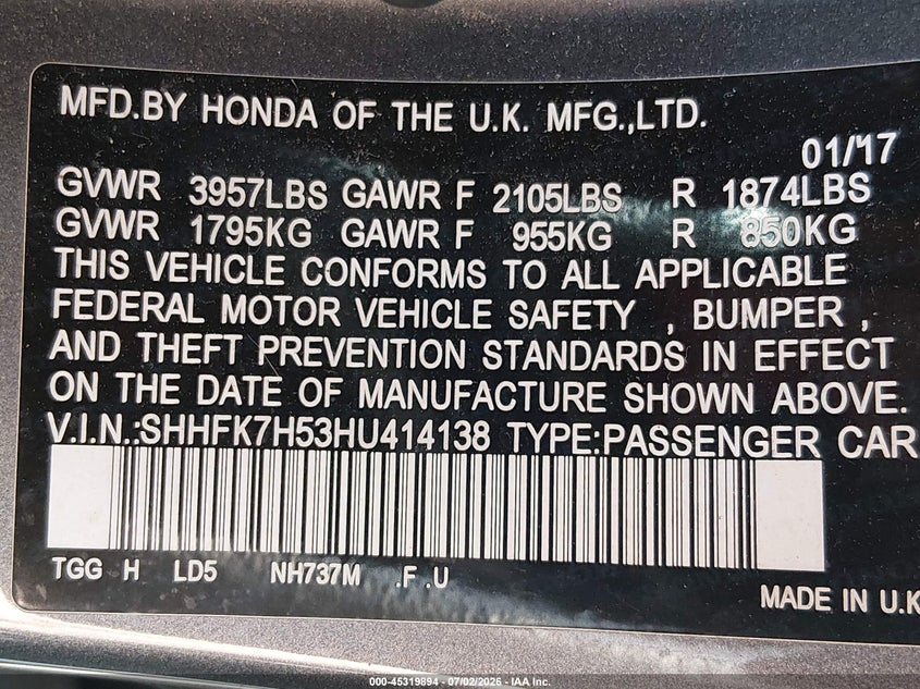 2017 Honda Civic VIN SHHFK7H53HU414138 IAAI salvage auction — LEFT FRONT, Salvage (Massachusetts), sold $1,900 on 2026-07-28 (photo 9)