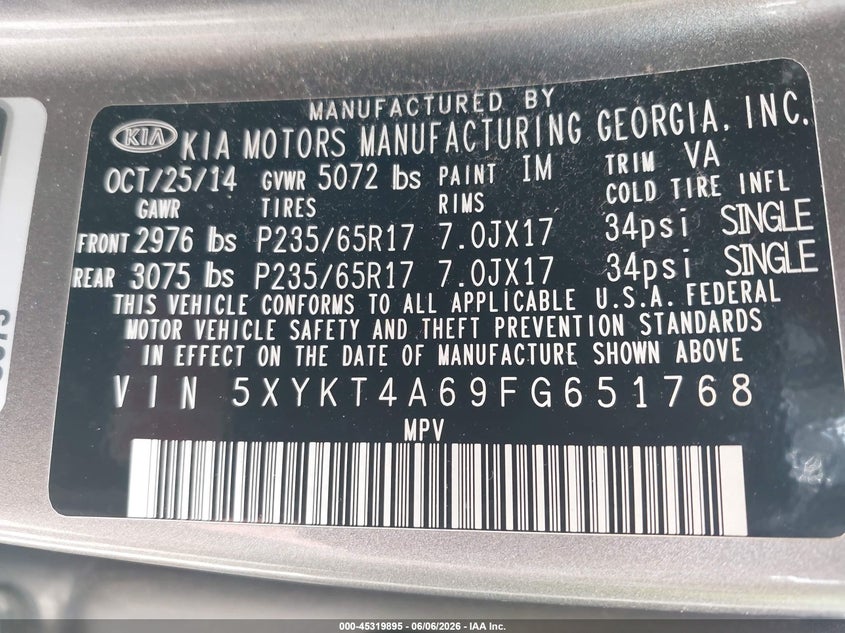 2015 Kia Sorento VIN 5XYKT4A69FG651768 IAAI salvage auction — NORMAL WEAR, Clear (Virginia), sold $1,025 on 2026-07-06 (photo 9)