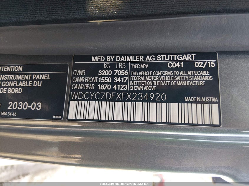 2015 Mercedes-benz G-klasse amg 6x6 VIN WDCYC7DFXFX234920 IAAI salvage auction — RIGHT SIDE, Salvage (South Carolina), sold $25,300 on 2026-07-20 (photo 9)