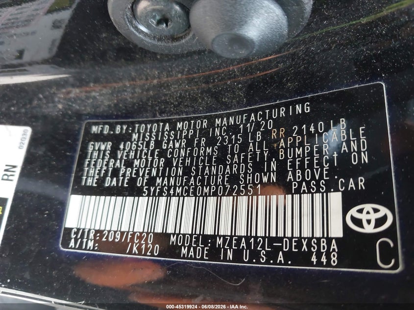 2021 Toyota Corolla VIN 5YFS4MCE0MP072551 IAAI salvage auction — FRONT END, Salvage Title, sold $3,500 on 2026-07-08 (photo 9)