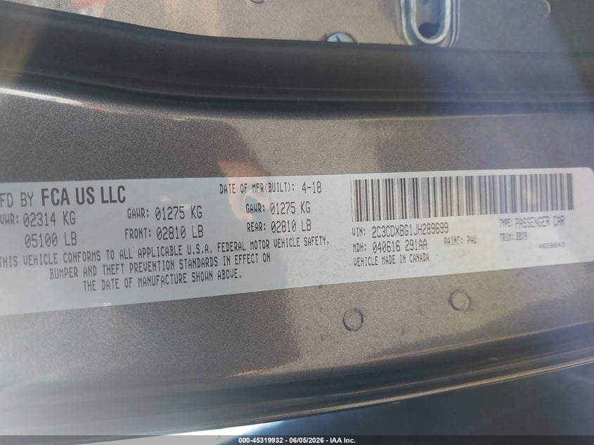2018 Dodge Charger VIN 2C3CDXBG1JH289699 IAAI salvage auction — FRONT END, Salvage (North Carolina), sold $1,900 on 2026-07-26 (photo 9)