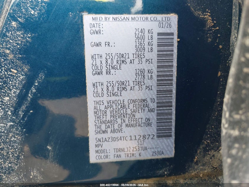 2026 Nissan Murano VIN 5N1AZ3DS4TC112872 IAAI salvage auction — FRONT END, Scrap (Michigan), sold $8,700 on 2026-07-22 (photo 9)