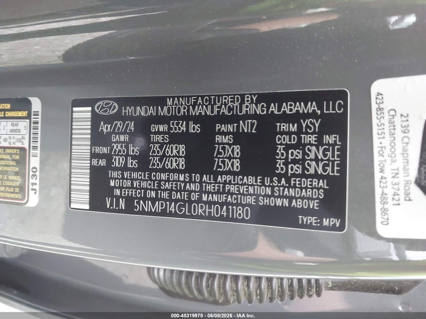 2024 Hyundai Santa fe VIN 5NMP14GL0RH041180 IAAI salvage auction — REAR END, Salvage (Tennessee), sold $8,350 on 2026-08-23 (photo 9)