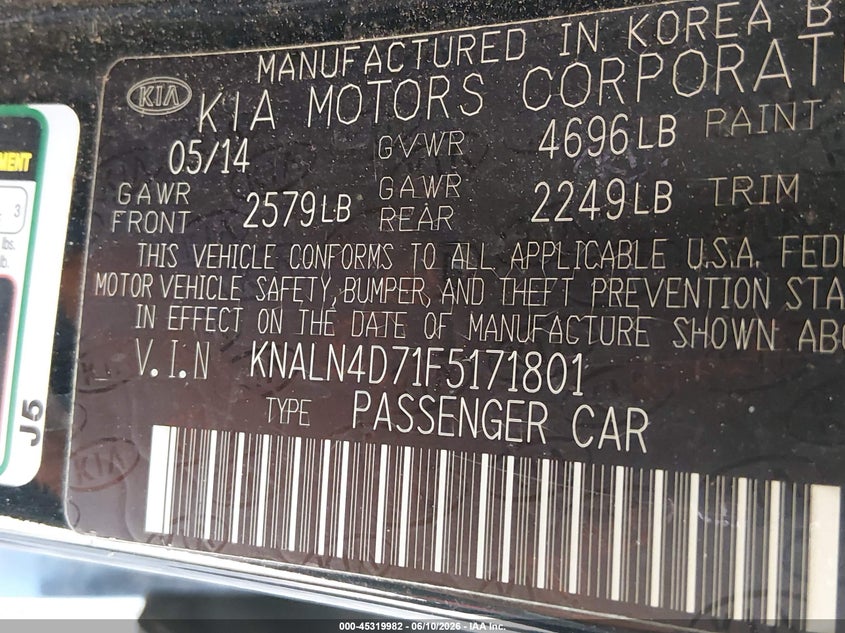 2015 Kia Cadenza VIN KNALN4D71F5171801 IAAI salvage auction — VANDALISM, Salvage (Louisiana), sold $125 on 2026-07-20 (photo 9)