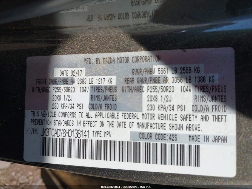 2017 Mazda Cx-9 VIN JM3TCADY8H0138141 IAAI salvage auction — MECHANICAL, Salvage Title, sold $2,350 on 2026-07-29 (photo 9)