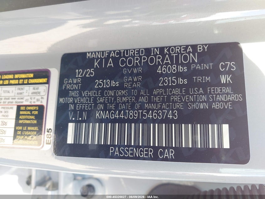 2026 Kia K5 VIN KNAG44J89T5463743 IAAI salvage auction — LEFT & RIGHT, Salvage Title, sold $7,150 on 2026-07-29 (photo 9)