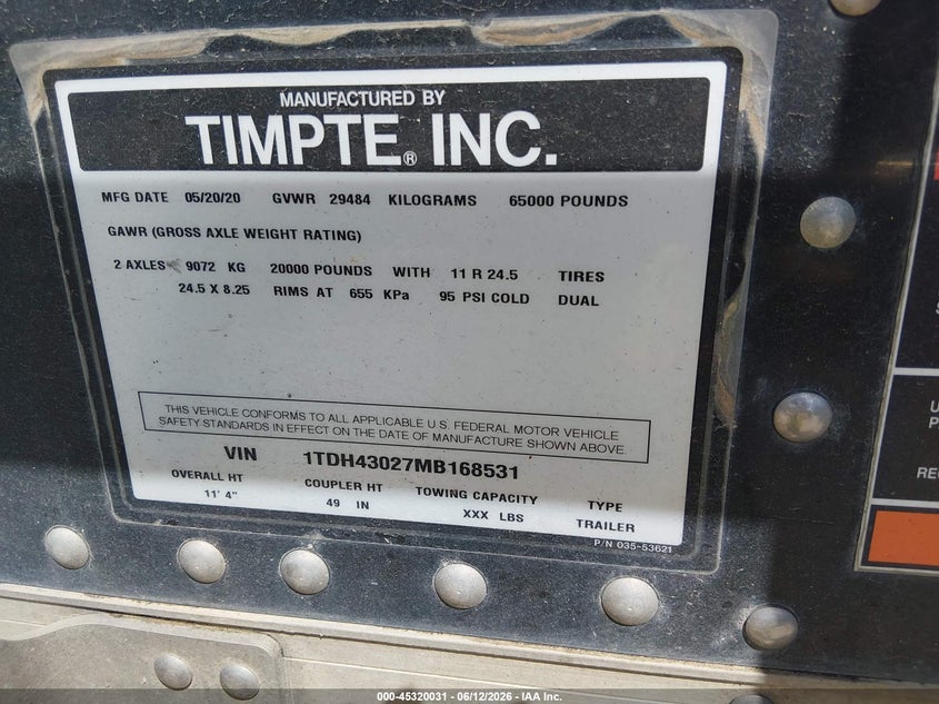 2021 Timpte Trailer VIN 1TDH43027MB168531 IAAI salvage auction — ROLLOVER, Salvage (Louisiana), sold $2,250 on 2026-08-26 (photo 9)