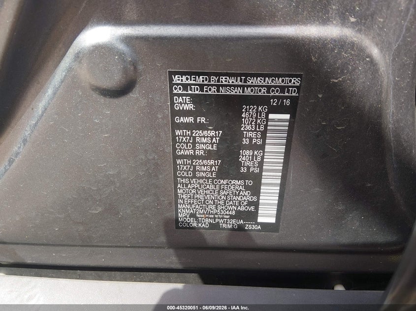 2017 Nissan Rogue VIN KNMAT2MV7HP530448 IAAI salvage auction — FRONT END, Salvage Title, sold $675 on 2026-07-16 (photo 9)