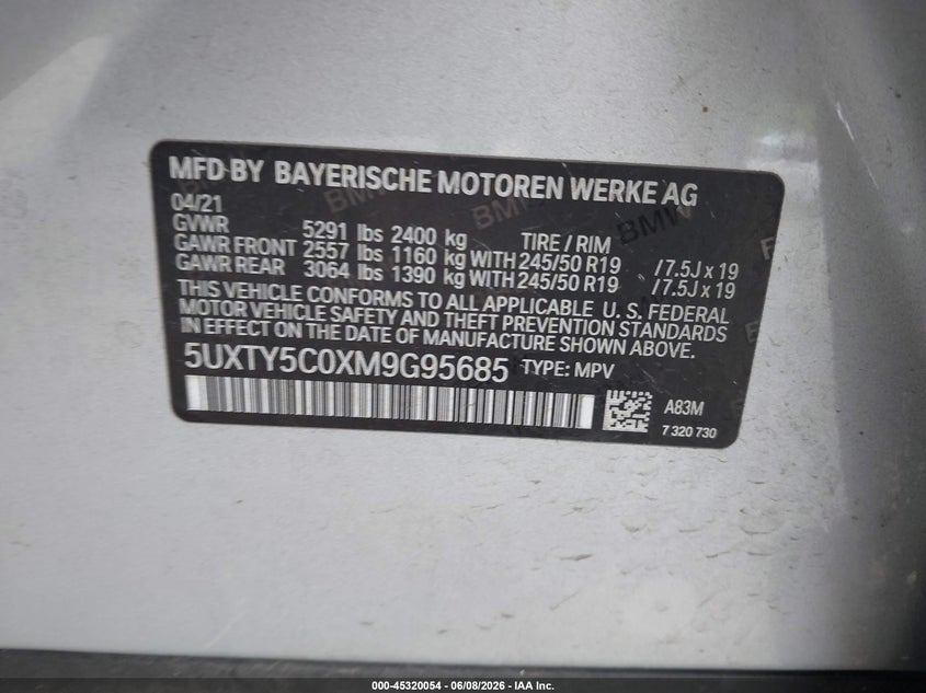 2021 BMW X3 VIN 5UXTY5C0XM9G95685 IAAI salvage auction — ROLLOVER, Salvage (Tennessee), sold $4,200 on 2026-07-29 (photo 9)