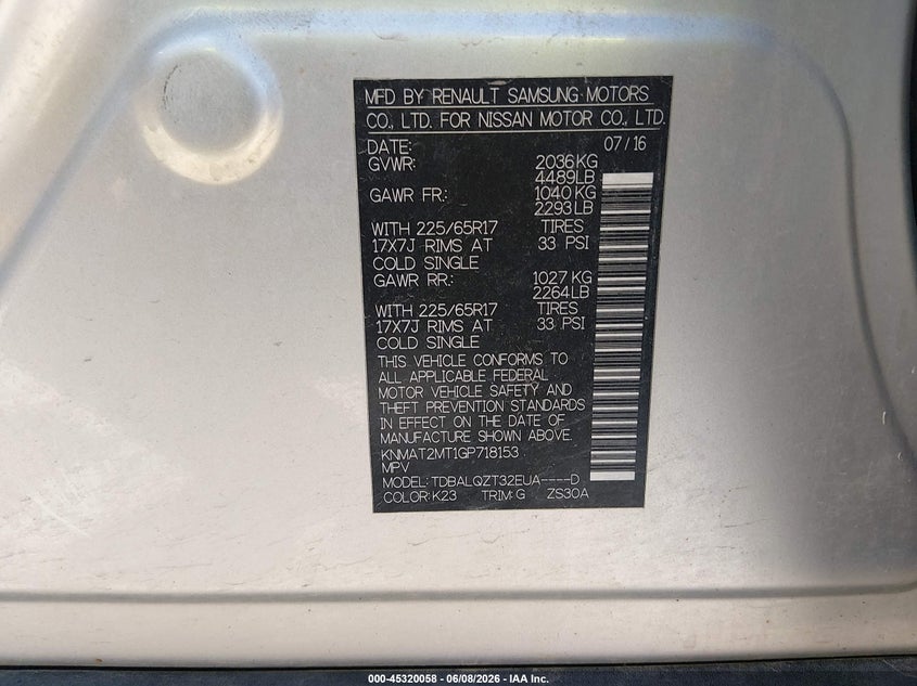 2016 Nissan Rogue VIN KNMAT2MT1GP718153 IAAI salvage auction — FRONT END, Salvage Title, sold $925 on 2026-07-09 (photo 9)