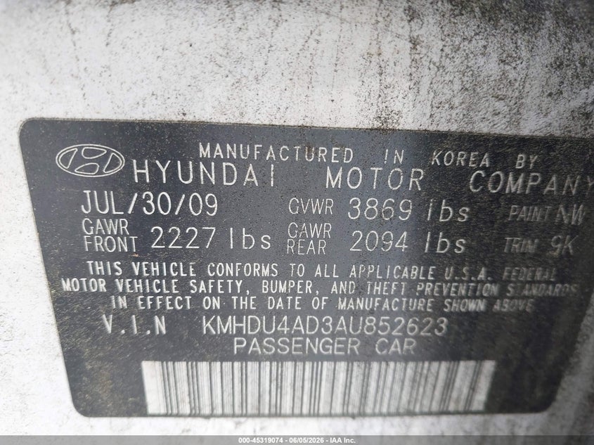 2010 Hyundai Elantra VIN KMHDU4AD3AU852623 IAAI salvage auction — NORMAL WEAR, Repossession Paperwork (Georgia), sold $275 on 2026-07-22 (photo 9)