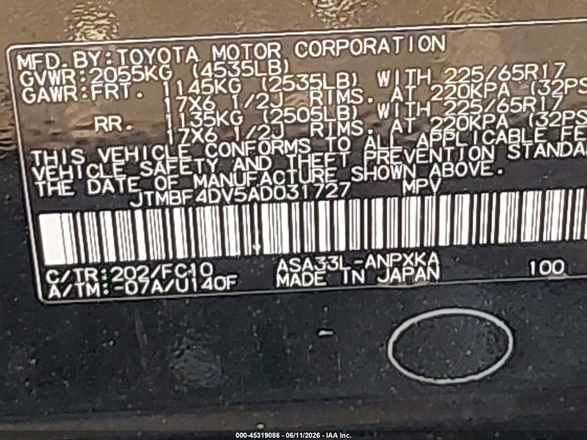 2010 Toyota Rav4 VIN JTMBF4DV5AD031727 IAAI salvage auction — FRONT & REAR, Mv-907A (New York), sold $1,825 on 2026-07-14 (photo 9)