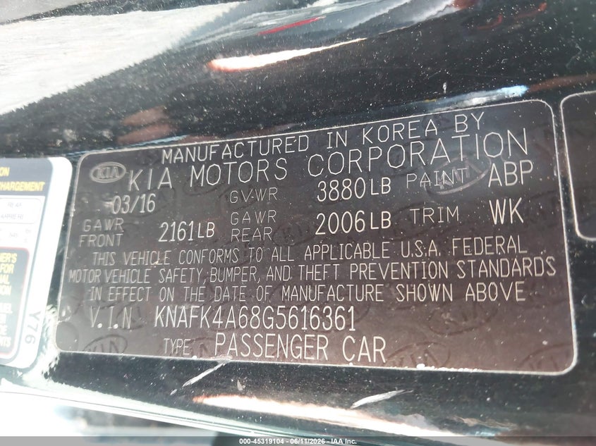 2016 Kia Forte VIN KNAFK4A68G5616361 IAAI salvage auction — NORMAL WEAR, Clear (Virginia), sold $575 on 2026-07-14 (photo 9)