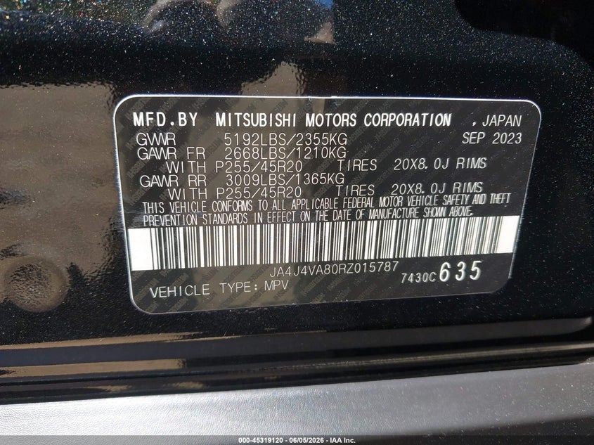 2024 Mitsubishi Outlander VIN JA4J4VA80RZ015787 IAAI salvage auction — FRONT END, Salvage Title, sold $8,600 on 2026-07-15 (photo 9)