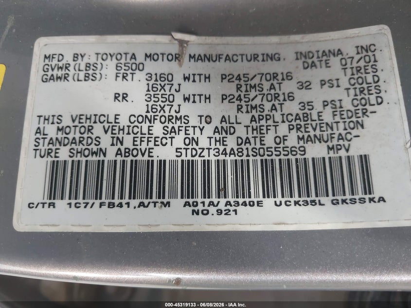 2001 Toyota Sequoia VIN 5TDZT34A81S055569 IAAI salvage auction — RIGHT FRONT, Salvage (North Carolina), sold $650 on 2026-07-09 (photo 9)
