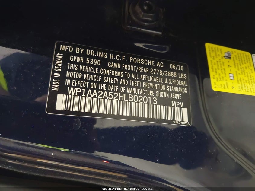 2017 Porsche Macan VIN WP1AA2A52HLB02013 IAAI salvage auction — LEFT REAR, Mv-907A (New York), sold $6,050 on 2026-07-15 (photo 9)
