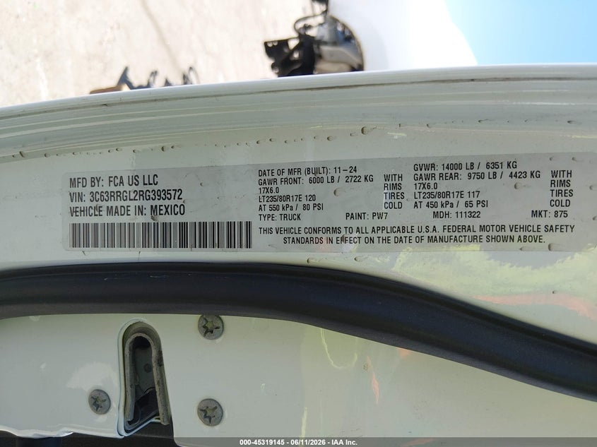 2024 Ram 3500 VIN 3C63RRGL2RG393572 IAAI salvage auction — THEFT, Salvage (California), sold $550 on 2026-07-22 (photo 8)