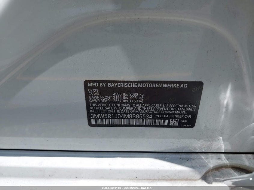 2021 BMW 3er VIN 3MW5R1J04M8B85534 IAAI salvage auction — FRONT END, Salvage Title, sold $8,300 on 2026-07-09 (photo 9)