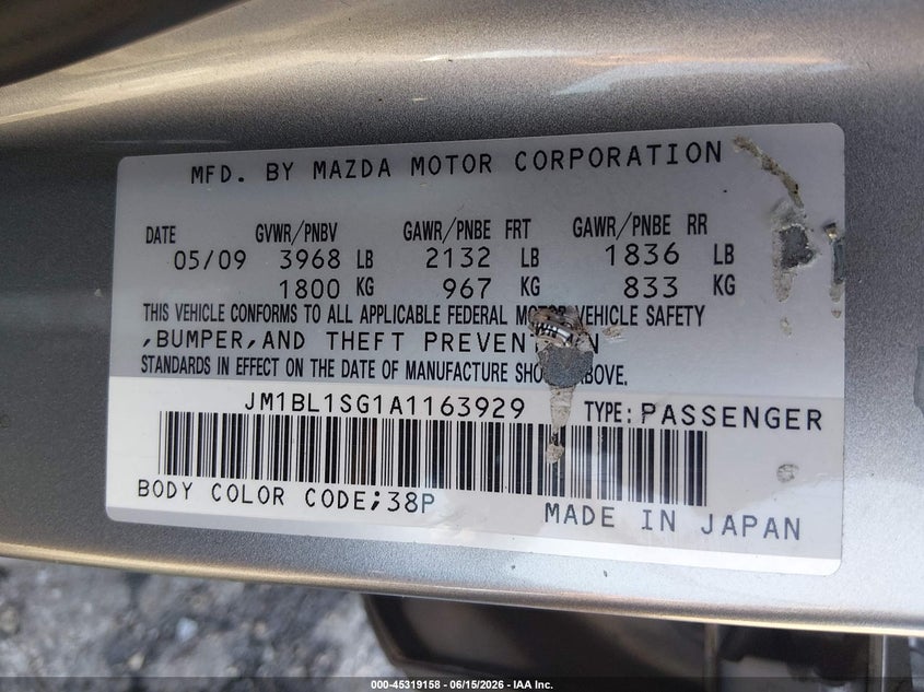 2010 Mazda 3 VIN JM1BL1SG1A1163929 IAAI salvage auction — FRONT END, Salvage (Pennsylvania), sold $25 on 2026-07-24 (photo 9)