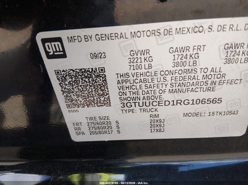 2024 Gmc SIERRA VIN 3GTUUCED1RG106565 IAAI salvage auction — REAR END, Salvage Title, sold $18,600 on 2026-08-01 (photo 9)