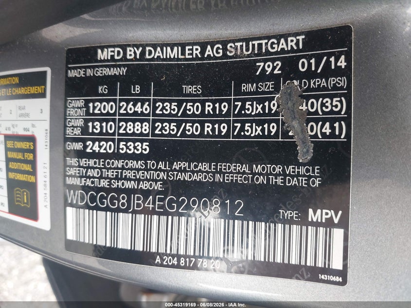 2014 Mercedes-benz Glk-klasse VIN WDCGG8JB4EG290812 IAAI salvage auction — FRONT END, Salvage Title, sold $3,650 on 2026-08-05 (photo 9)