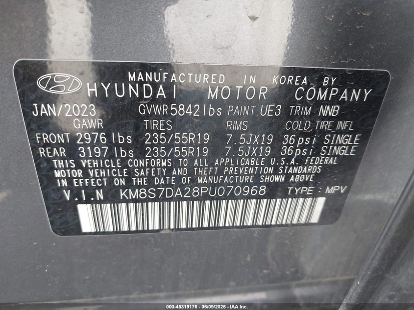 2023 Hyundai Santa fe VIN KM8S7DA28PU070968 IAAI salvage auction — REAR END, Salvage Title, sold $11,800 on 2026-07-21 (photo 9)