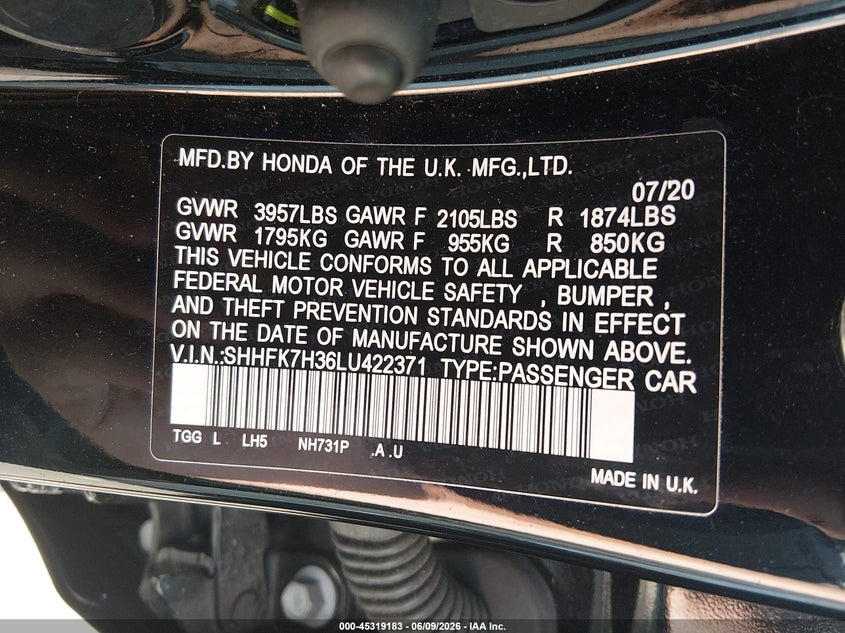 2020 Honda Civic VIN SHHFK7H36LU422371 IAAI salvage auction — FRONT END, Salvage Title, sold $5,300 on 2026-07-10 (photo 9)