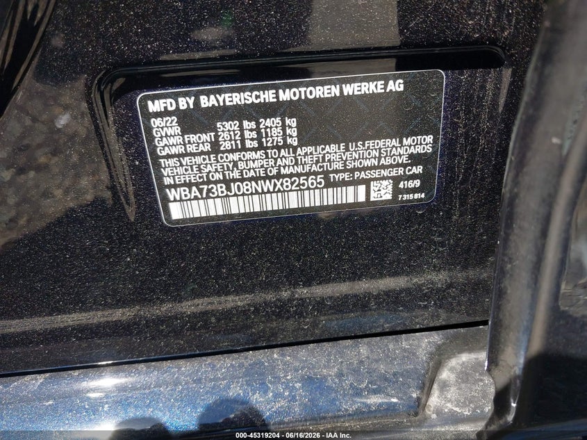 2022 BMW VIN WBA73BJ08NWX82565 IAAI salvage auction — FRONT END, Mv-907A (New York), sold $18,400 on 2026-07-28 (photo 9)