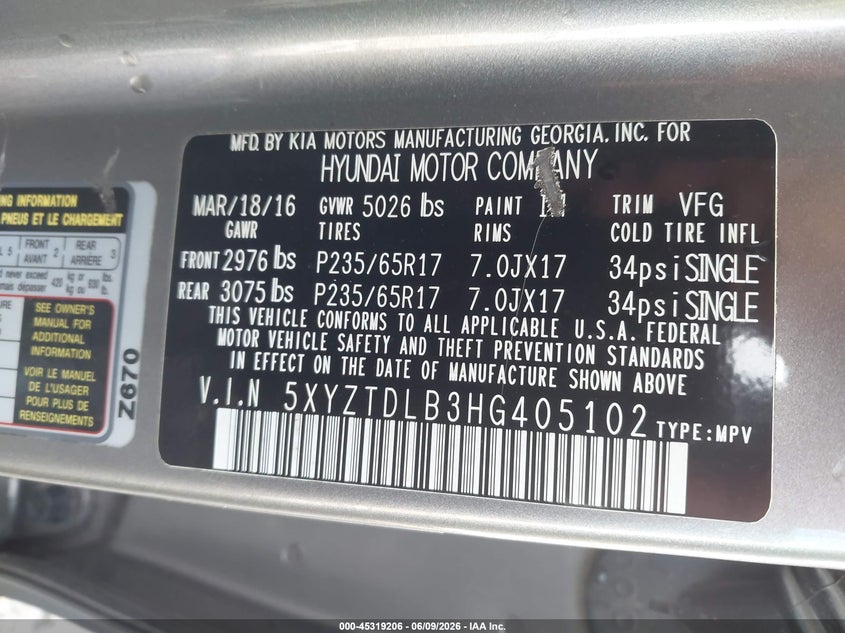 2017 Hyundai Santa fe VIN 5XYZTDLB3HG405102 IAAI salvage auction — FRONT END, Salvage Title, sold $2,000 on 2026-07-21 (photo 9)