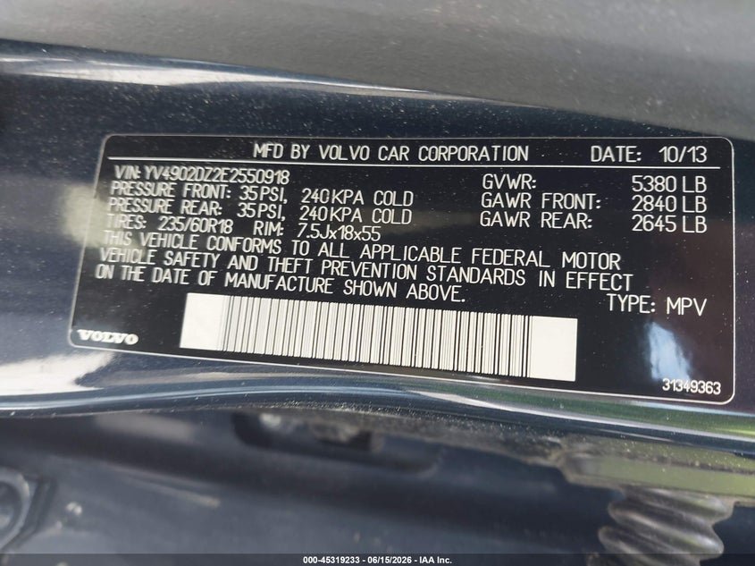 2014 Volvo Xc60 VIN YV4902DZ2E2550918 IAAI salvage auction — ELECTRICAL, Salvage Title, sold $2,350 on 2026-08-06 (photo 9)