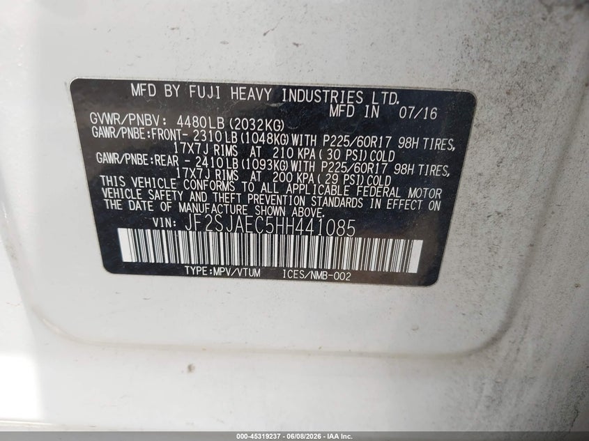 2017 Subaru Forester VIN JF2SJAEC5HH441085 IAAI salvage auction — REAR END, Salvage (North Carolina), sold $125 on 2026-07-30 (photo 9)