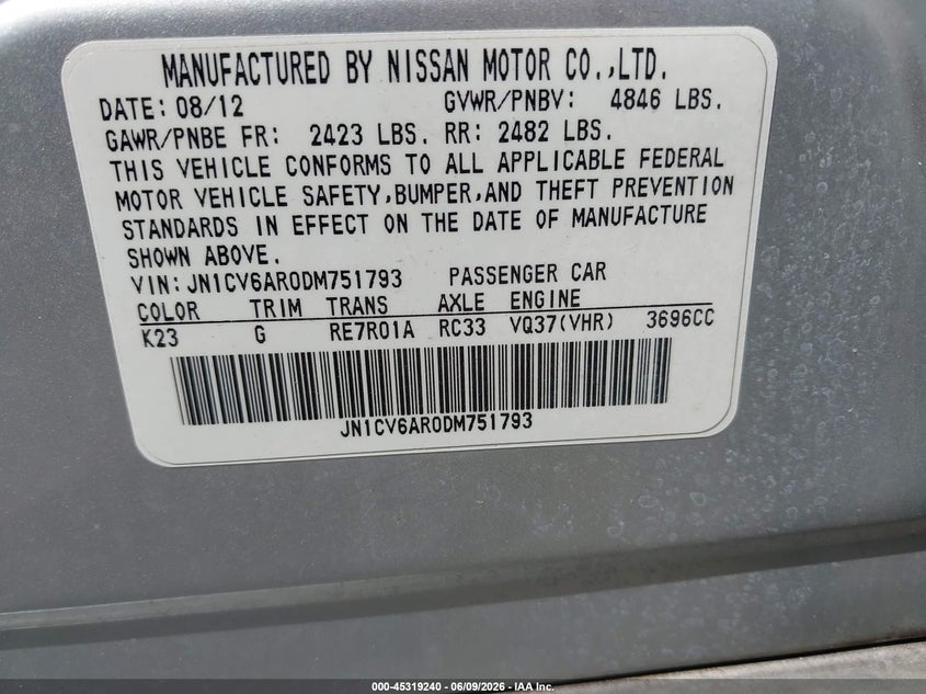 2013 Infiniti G VIN JN1CV6AR0DM751793 IAAI salvage auction — RIGHT FRONT, Salvage Title, sold $1,325 on 2026-07-09 (photo 9)