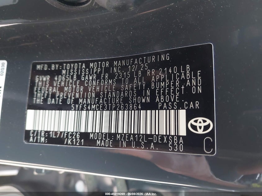 2026 Toyota Corolla VIN 5YFS4MCE3TP263864 IAAI salvage auction — FRONT END, Salvage Title, sold $6,800 on 2026-07-27 (photo 9)