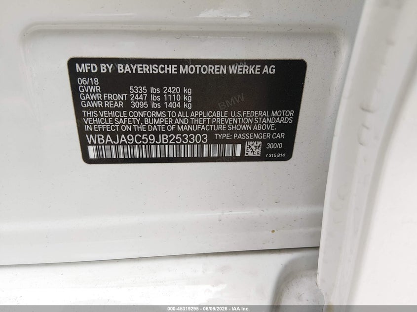 2018 BMW 5er VIN WBAJA9C59JB253303 IAAI salvage auction — FRONT END, Salvage Title, sold $7,475 on 2026-07-27 (photo 9)