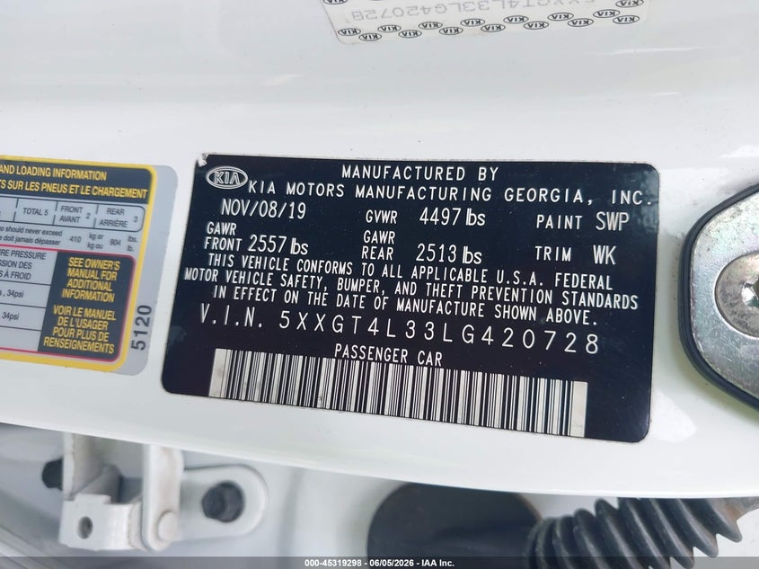 2020 Kia Optima VIN 5XXGT4L33LG420728 IAAI salvage auction — LEFT SIDE, Salvage Title, sold $3,300 on 2026-07-09 (photo 9)