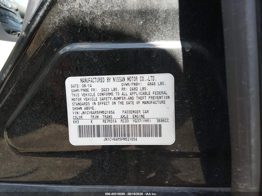 2015 Infiniti Q40 VIN JN1CV6AR5FM521654 IAAI salvage auction — REAR END, Salvage (Tennessee), sold $1,700 on 2026-07-09 (photo 9)