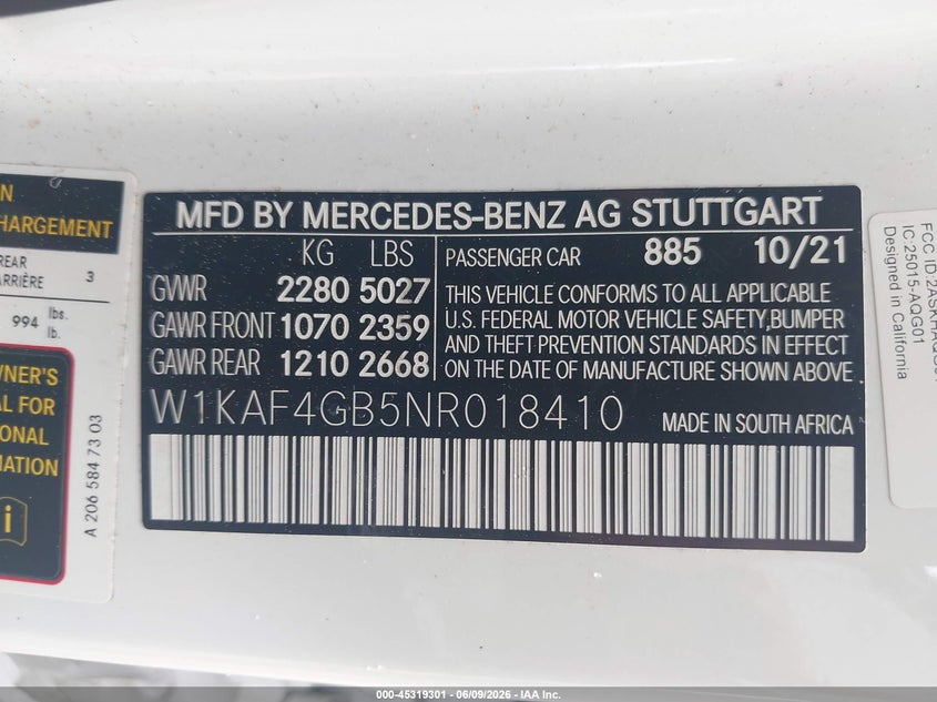2022 Mercedes-benz C-klasse VIN W1KAF4GB5NR018410 IAAI salvage auction — REAR END, Salvage (Georgia), sold $18,800 on 2026-07-23 (photo 9)