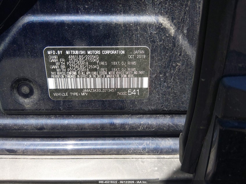 2020 Mitsubishi Outlander VIN JA4AZ3A30LZ013457 IAAI salvage auction — FRONT END, Salvage (Missouri), sold $4,100 on 2026-09-03 (photo 9)