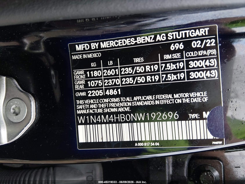 2022 Mercedes-benz Glb VIN W1N4M4HB0NW192696 IAAI salvage auction — REAR END, Salvage (Tennessee), sold $7,400 on 2026-07-29 (photo 9)