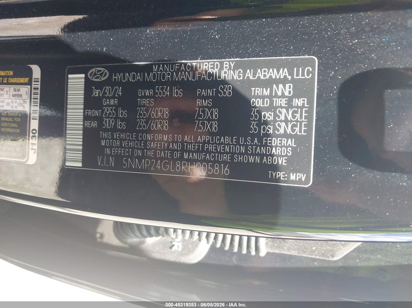 2024 Hyundai Santa fe VIN 5NMP24GL8RH005816 IAAI salvage auction — FRONT END, Salvage Title, sold $6,600 on 2026-07-19 (photo 9)